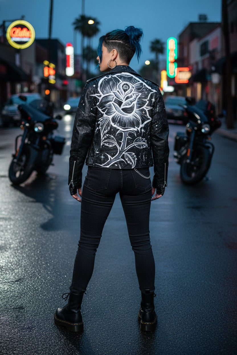 Women’s Tattoo Rose Custom Leather Jacket